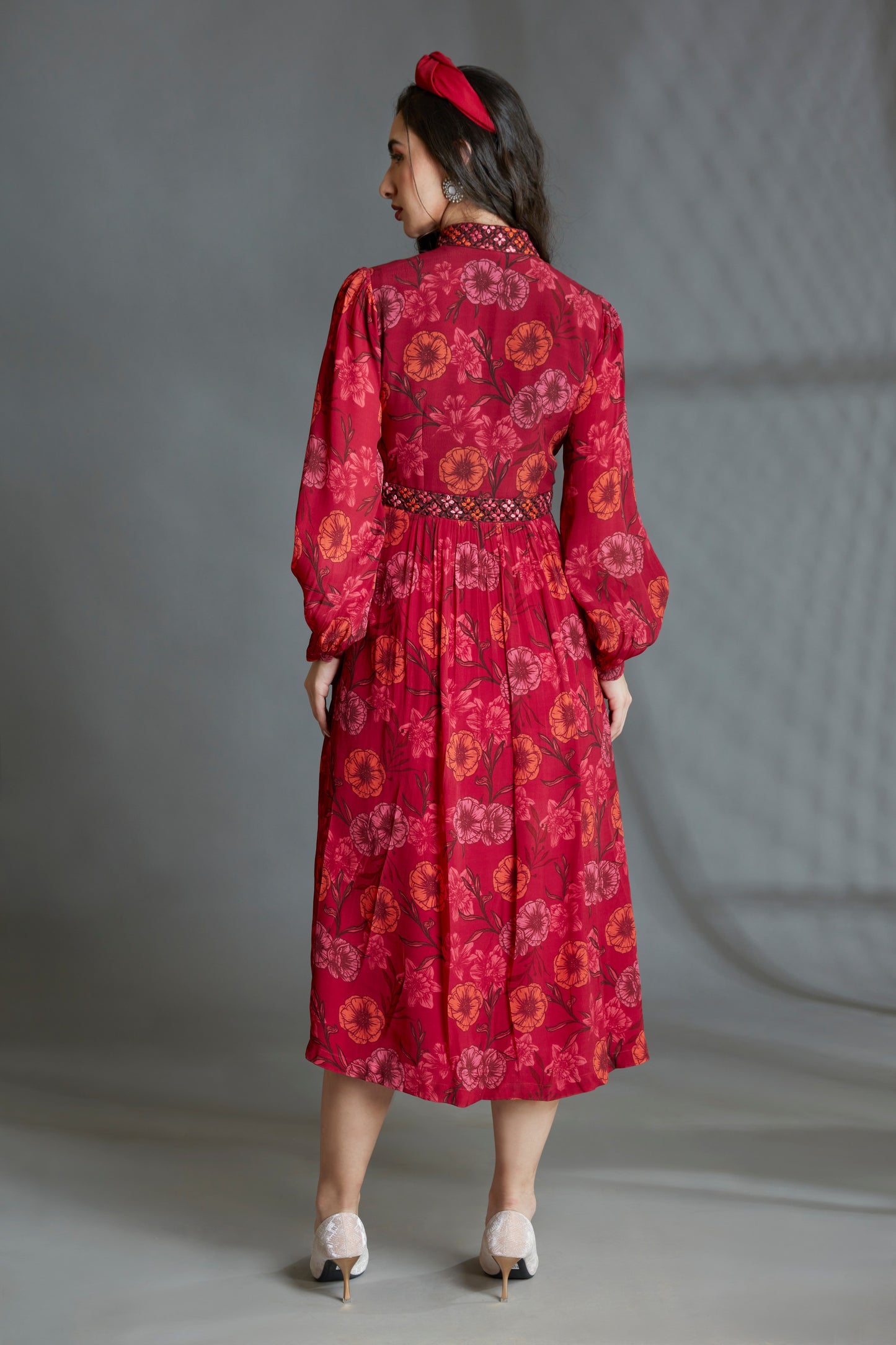 Magenta and Hot Pink Custom Floral Printed, Embroidered Dress