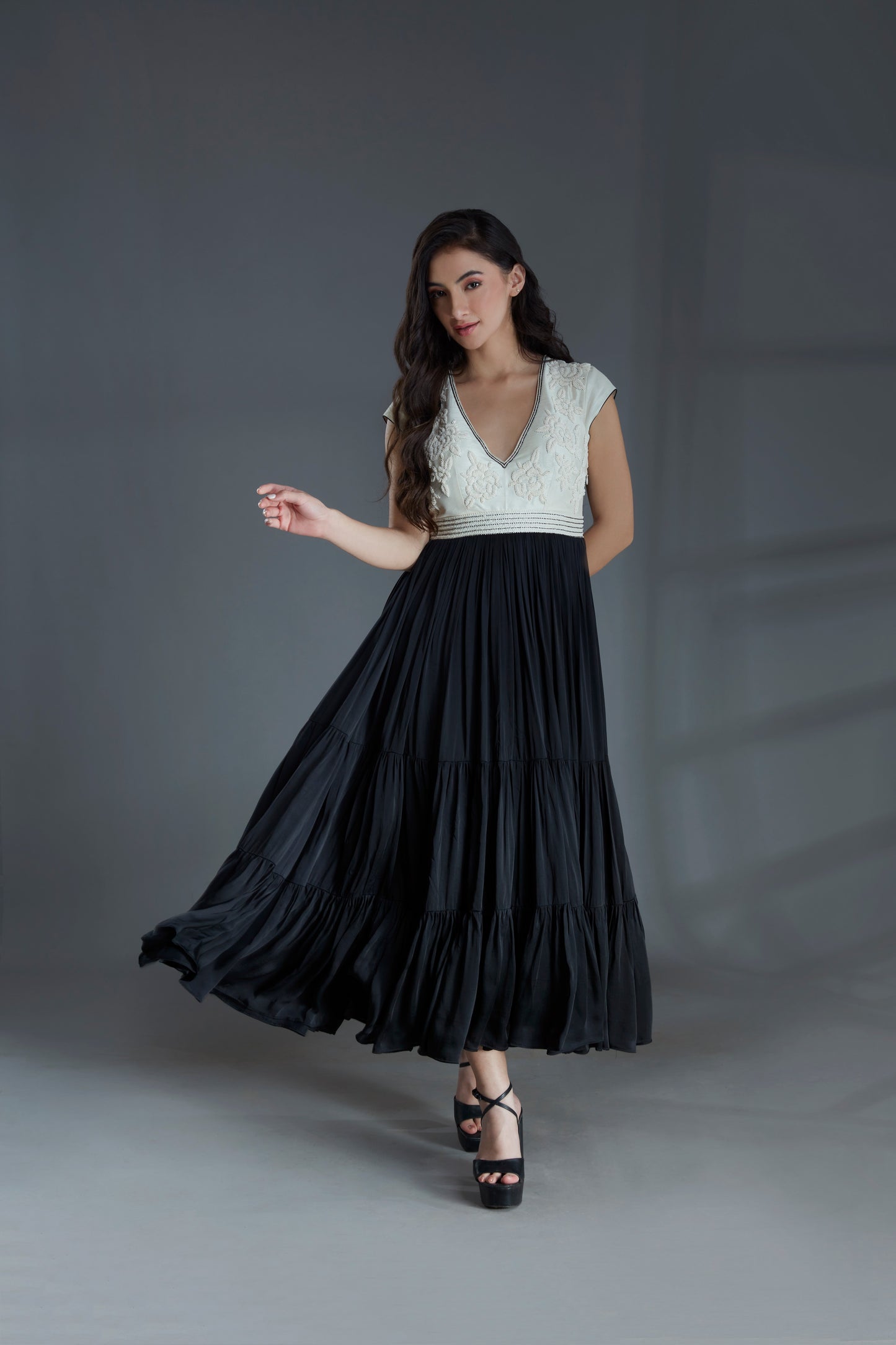 Black and Ivory Embroidered Maxi Tiered Dress