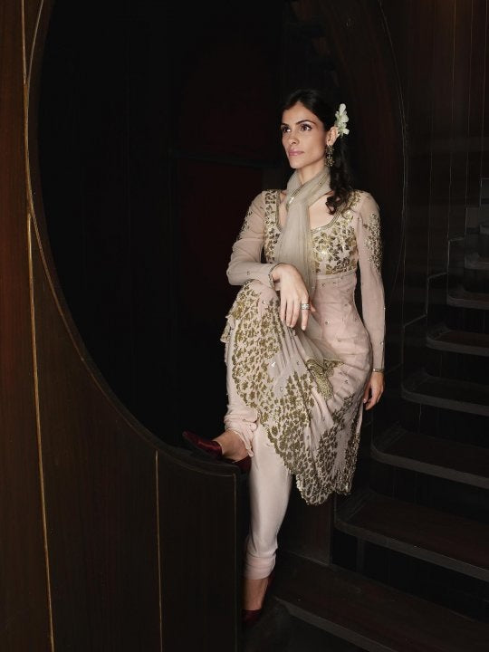 Pale pink, paneled tunic and leggings set with gold embroidery