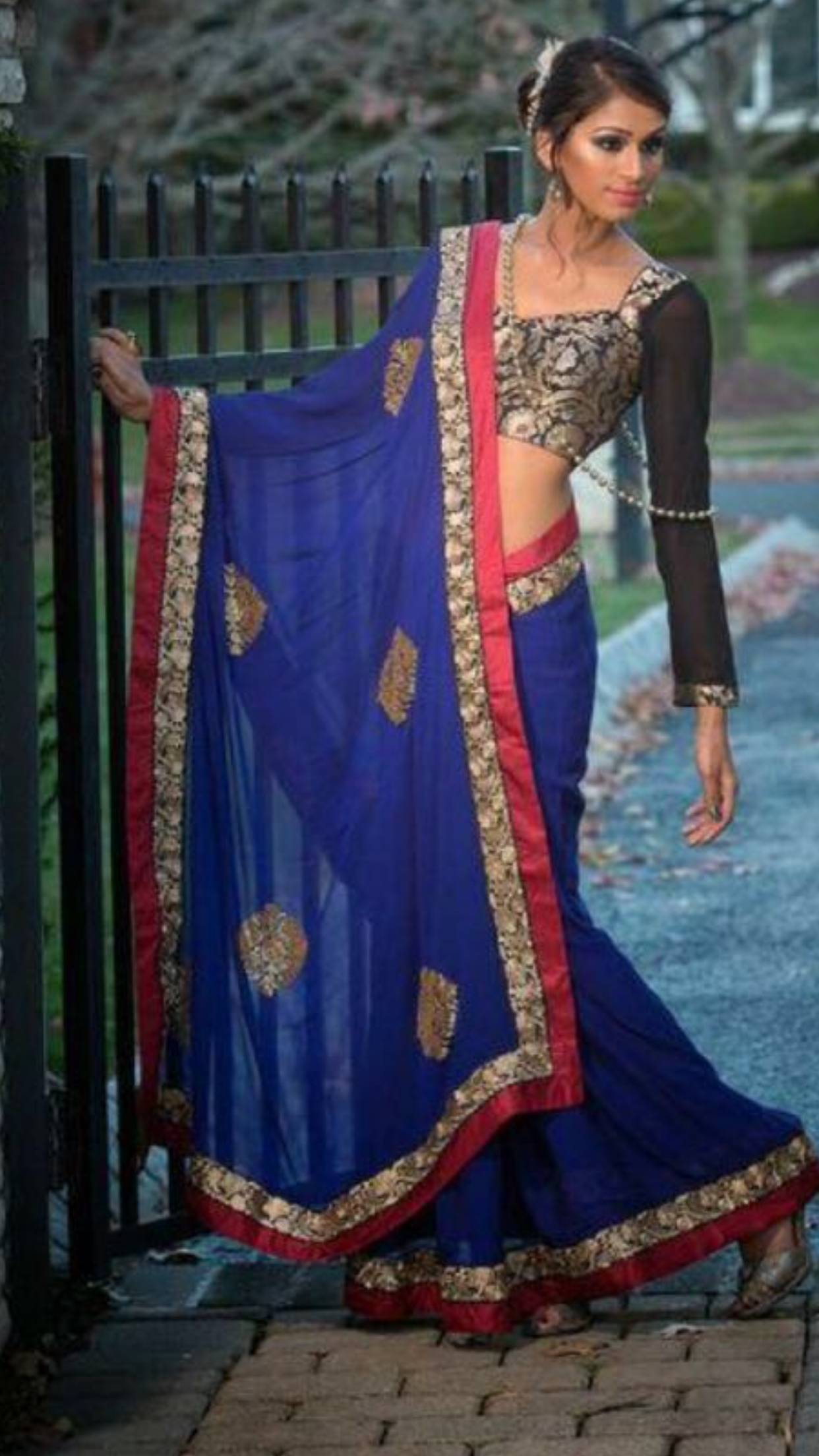 Royal blue, Black and Gold Saree with Maroon accents