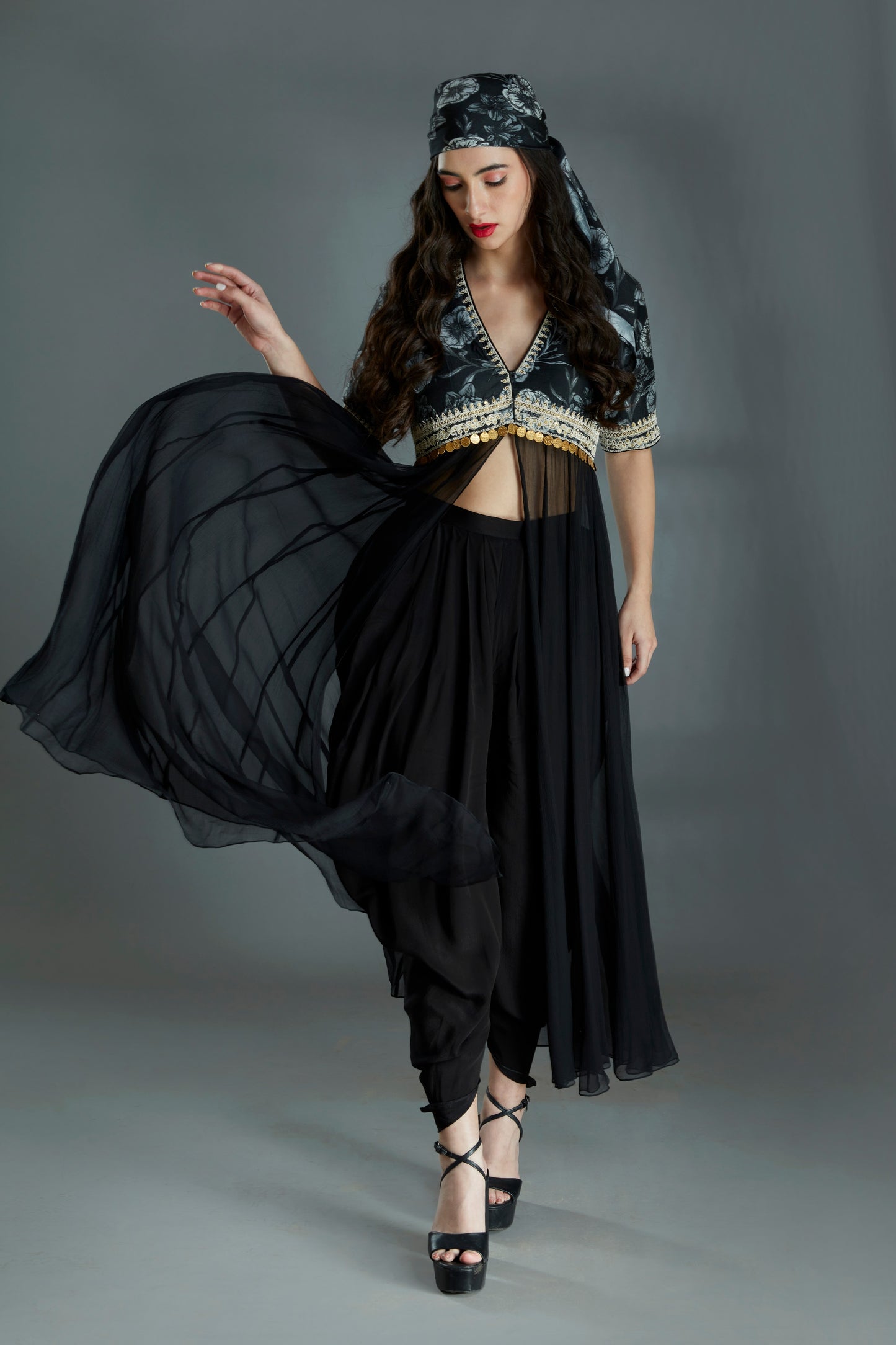 Black Custom Floral Print, Flowing Chiffon, Embroidered tunic with Dhoti Pants