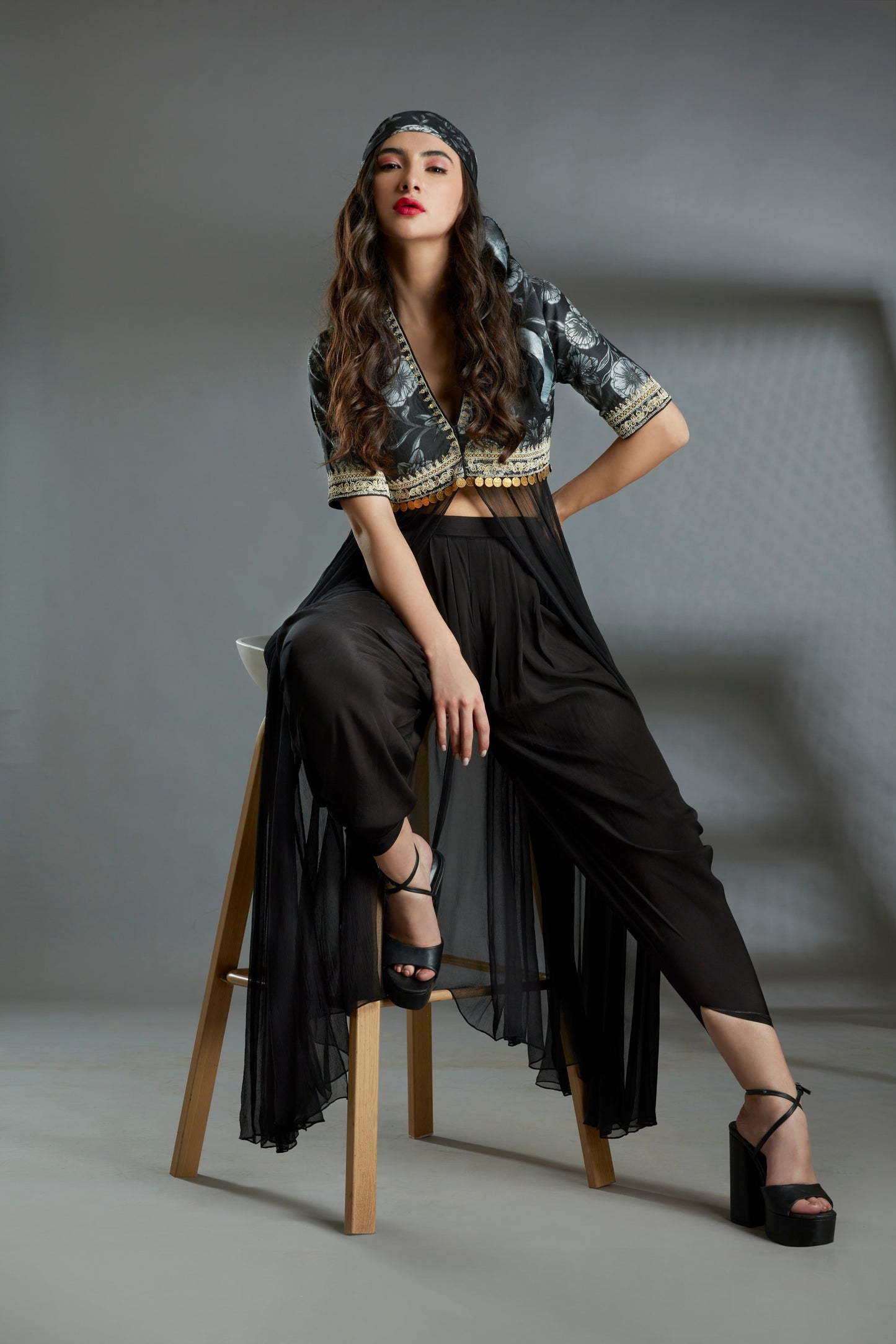 Black Custom Floral Print, Flowing Chiffon, Embroidered tunic with Dhoti Pants