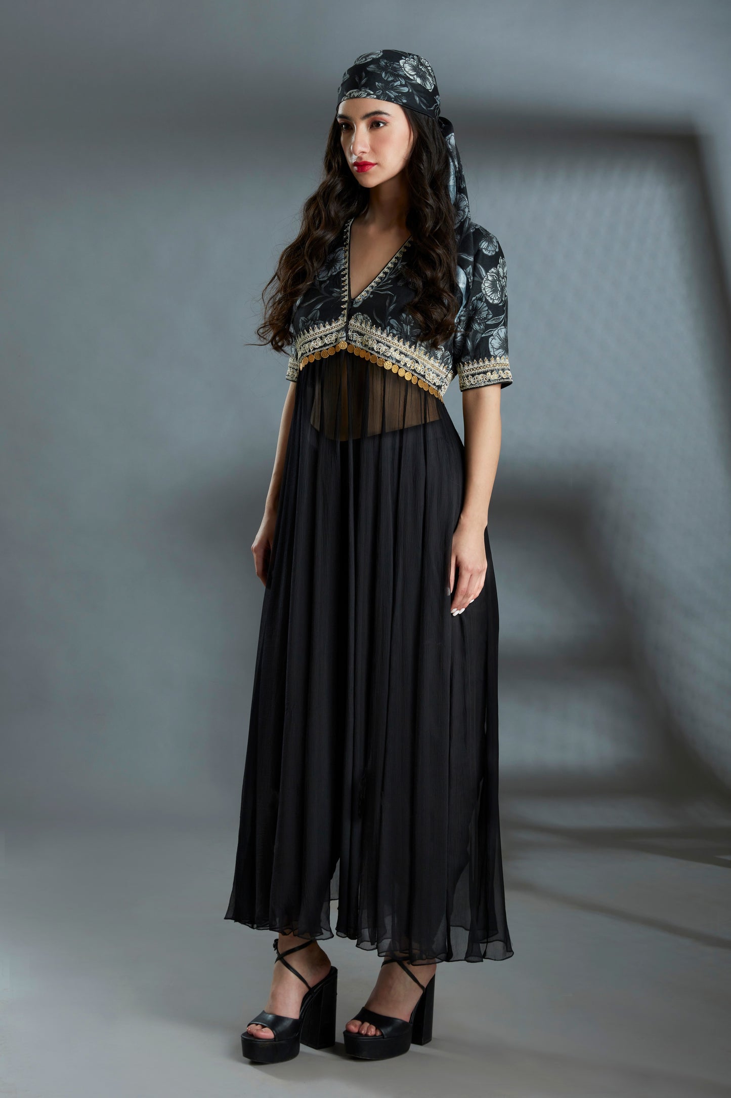 Black Custom Floral Print, Flowing Chiffon, Embroidered tunic with Dhoti Pants