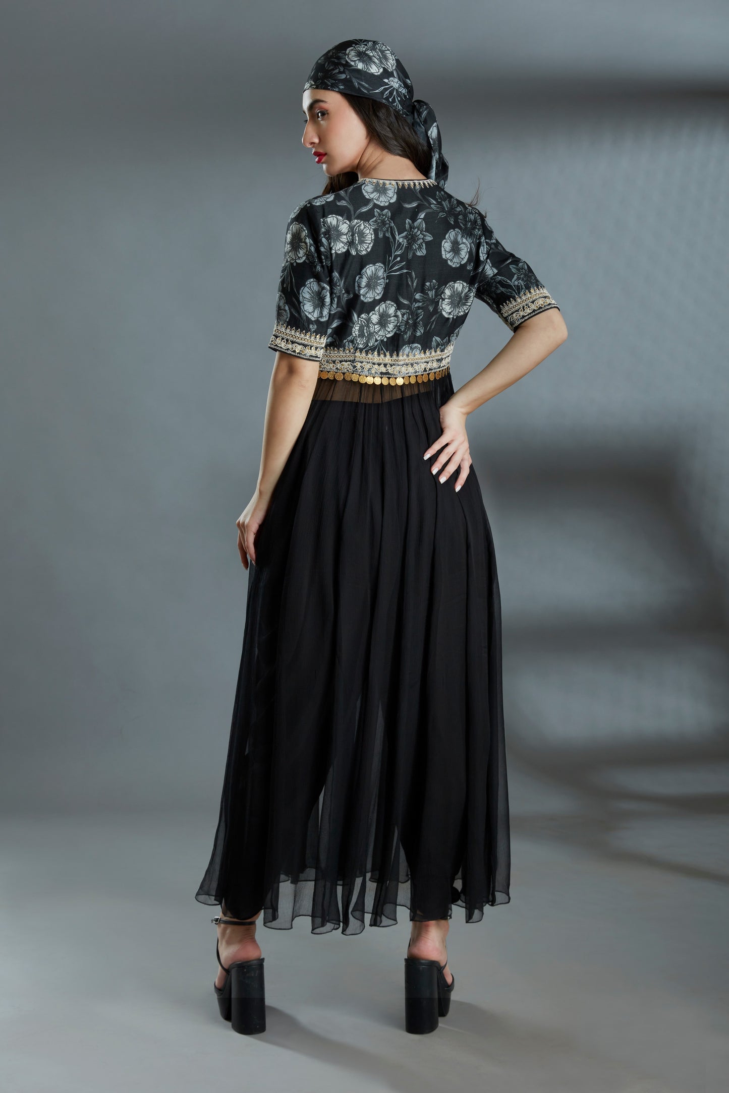 Black Custom Floral Print, Flowing Chiffon, Embroidered tunic with Dhoti Pants