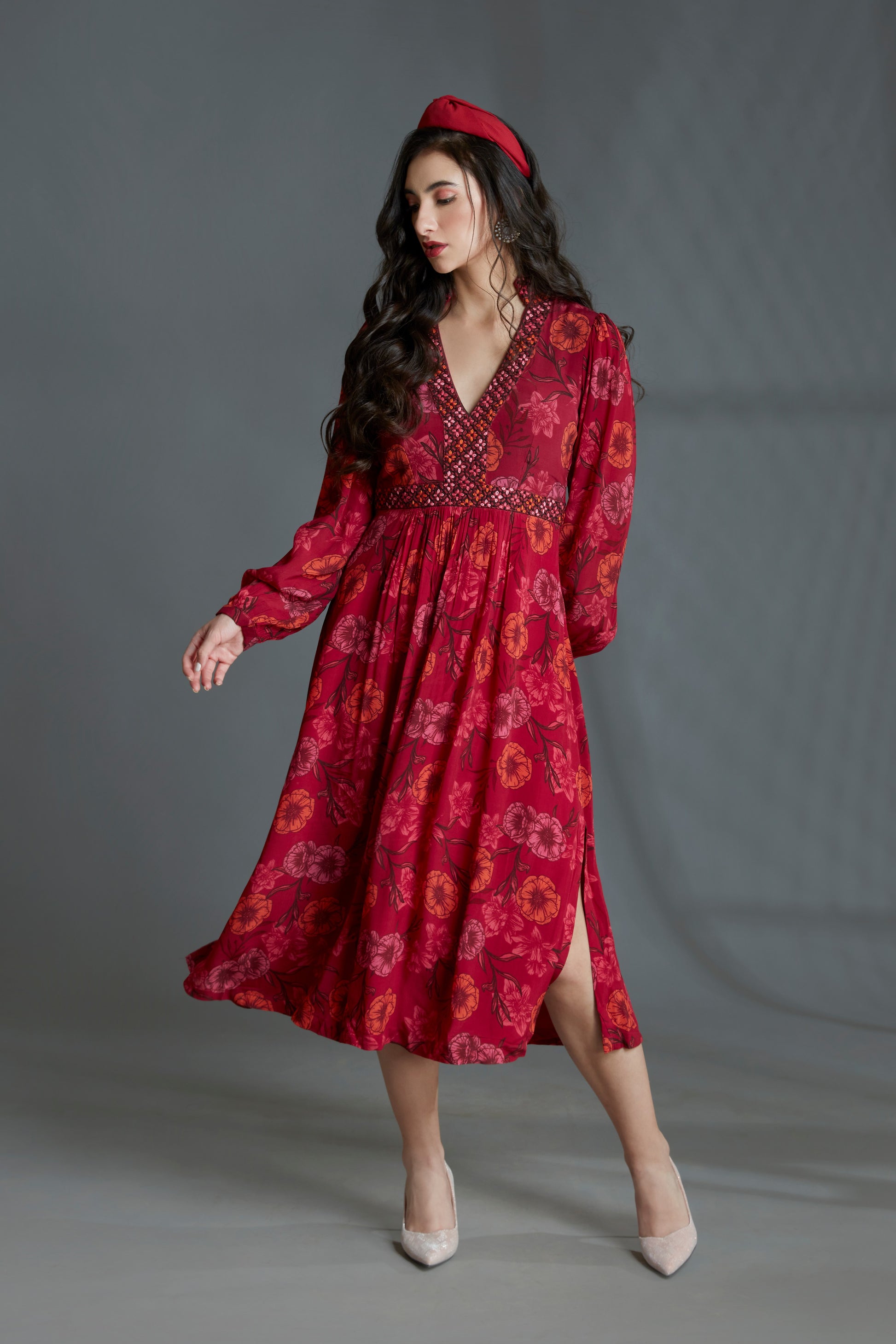 Magenta and Hot Pink Custom Floral Printed, Embroidered Dress Magenta and Hot Pink Custom Floral Printed, Embroidered Dress