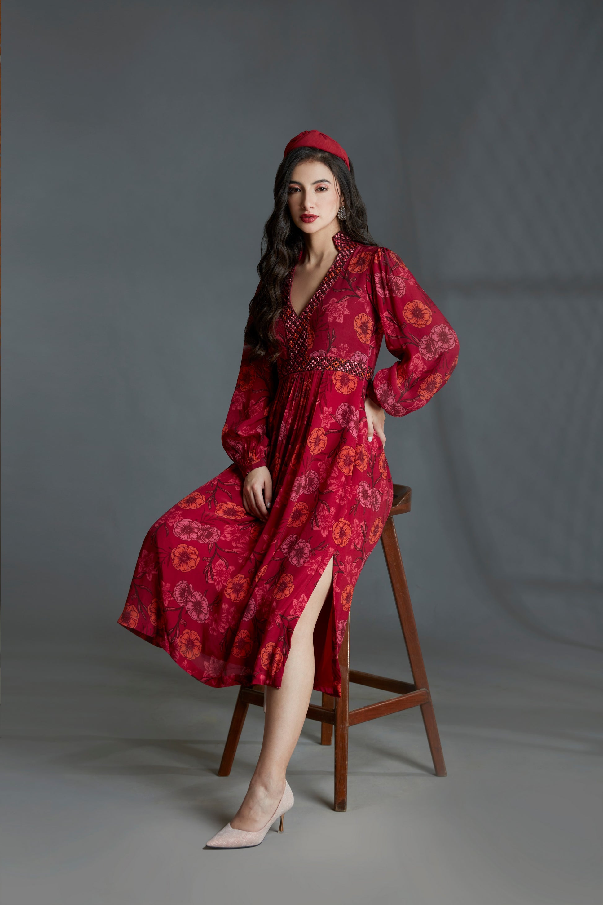 red floral embroidered dress Ball Gown with Floral Embroidery and Peplum