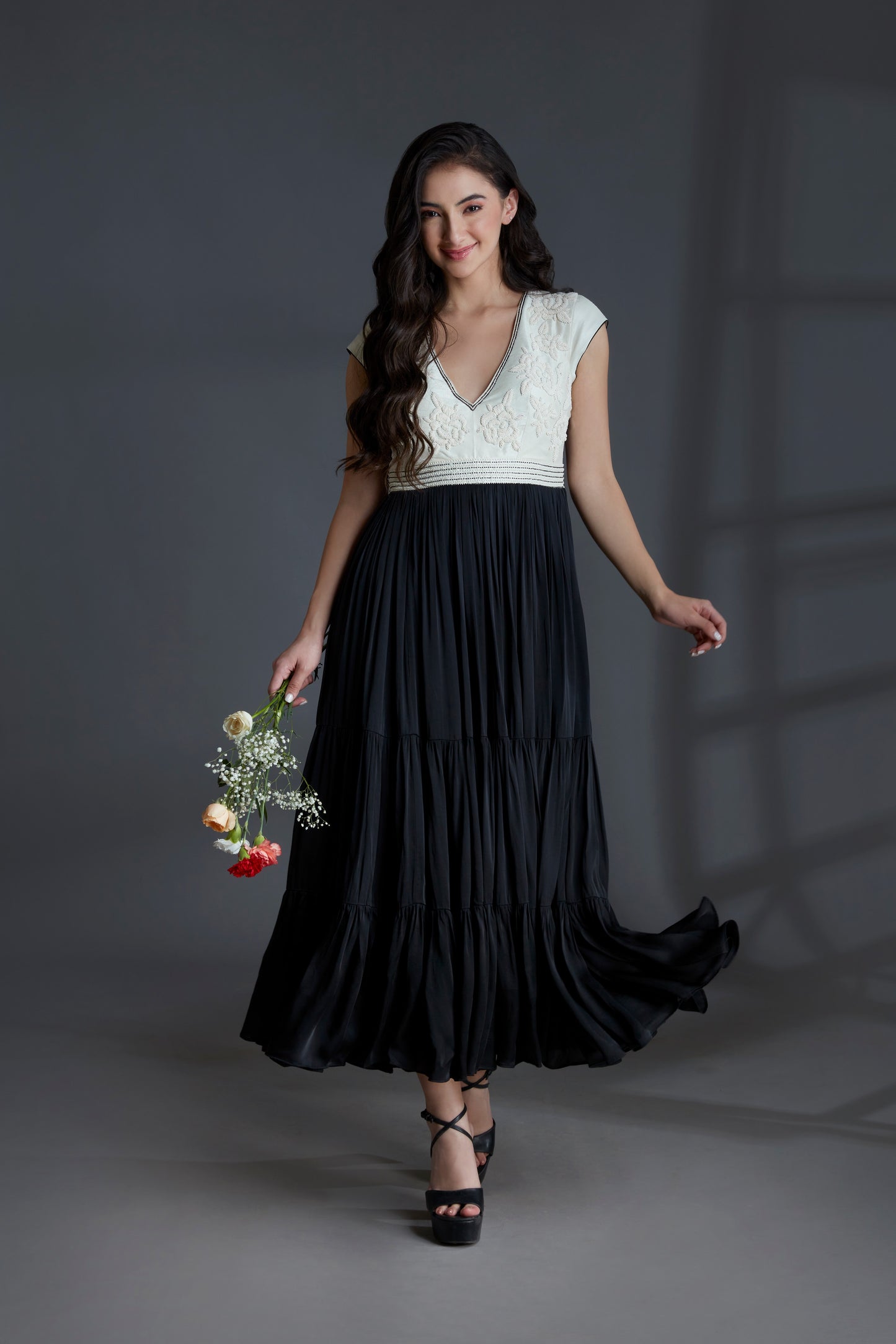 Black and Ivory Embroidered Maxi Tiered Dress