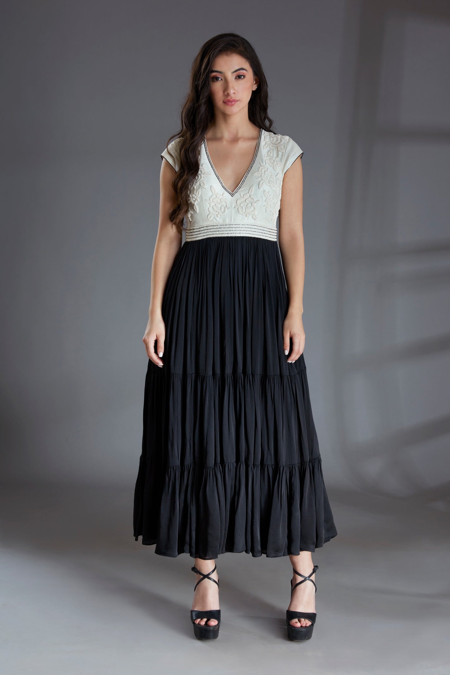 Black and Ivory Embroidered Maxi Tiered Dress