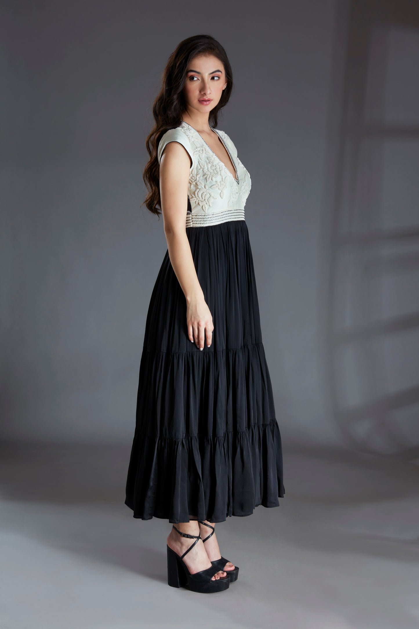 Black and Ivory Embroidered Maxi Tiered Dress