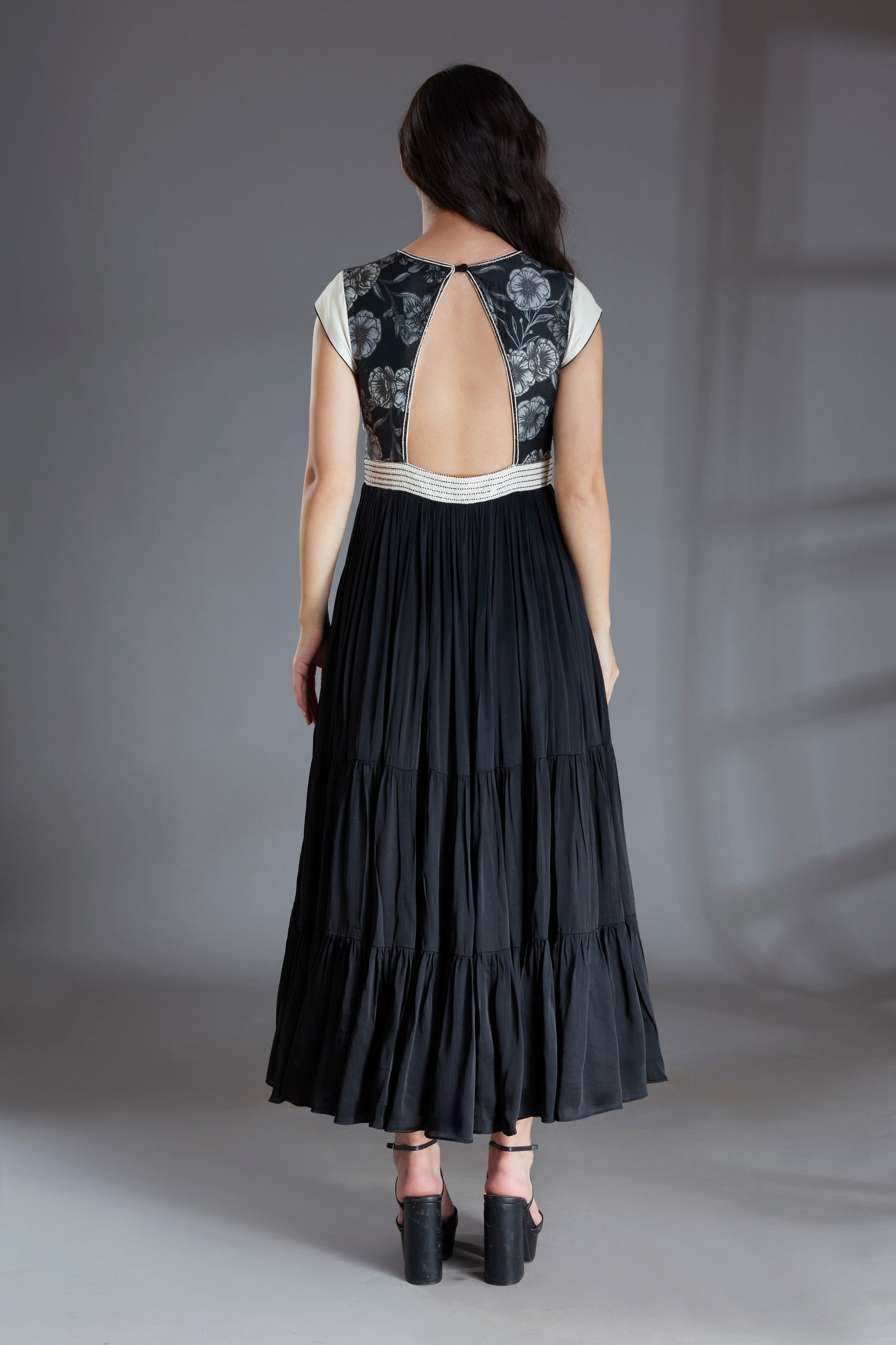 Black and Ivory Embroidered Maxi Tiered Dress