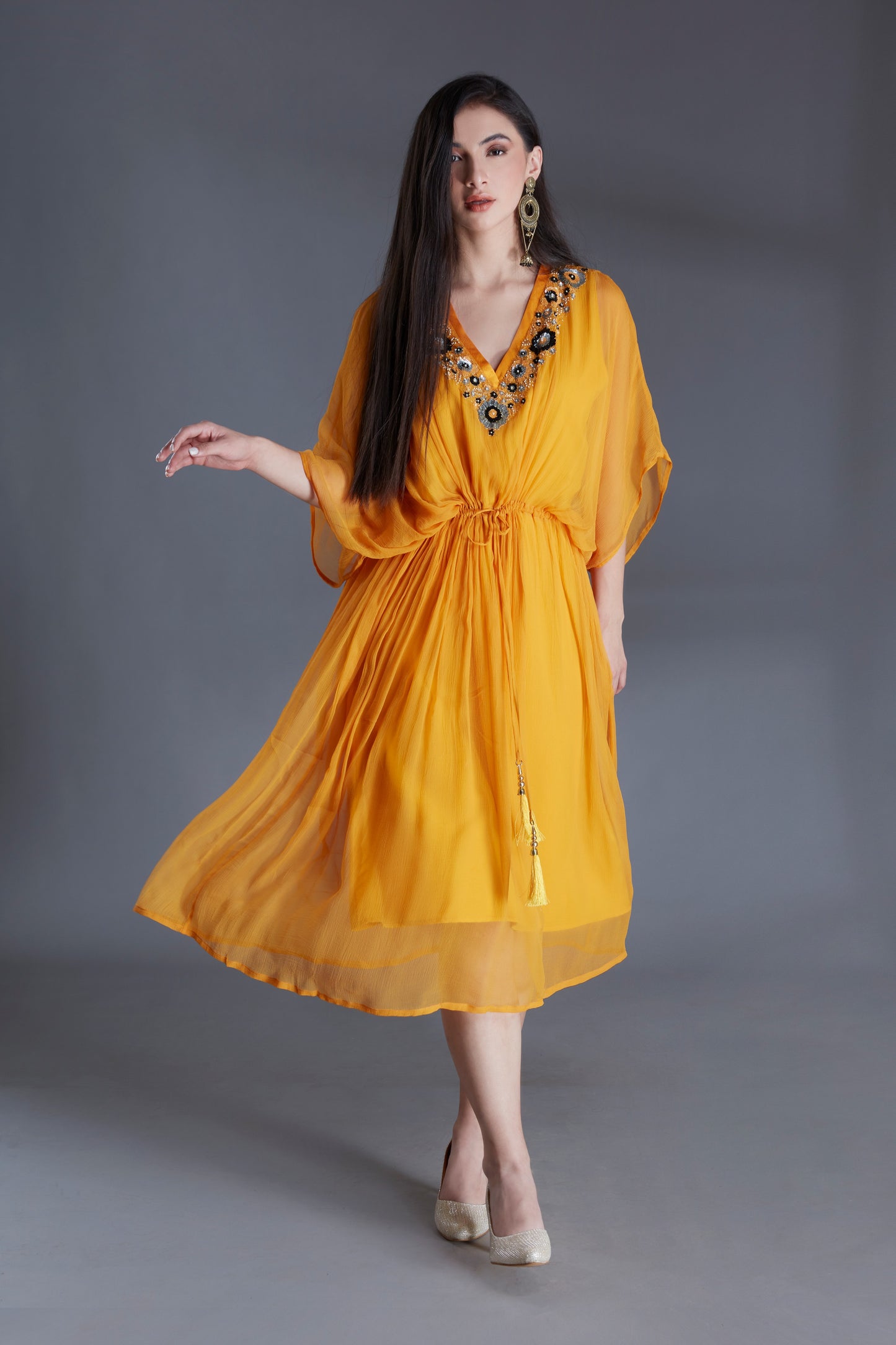 Yellow Chiffon Embroidered Kaftan Dress