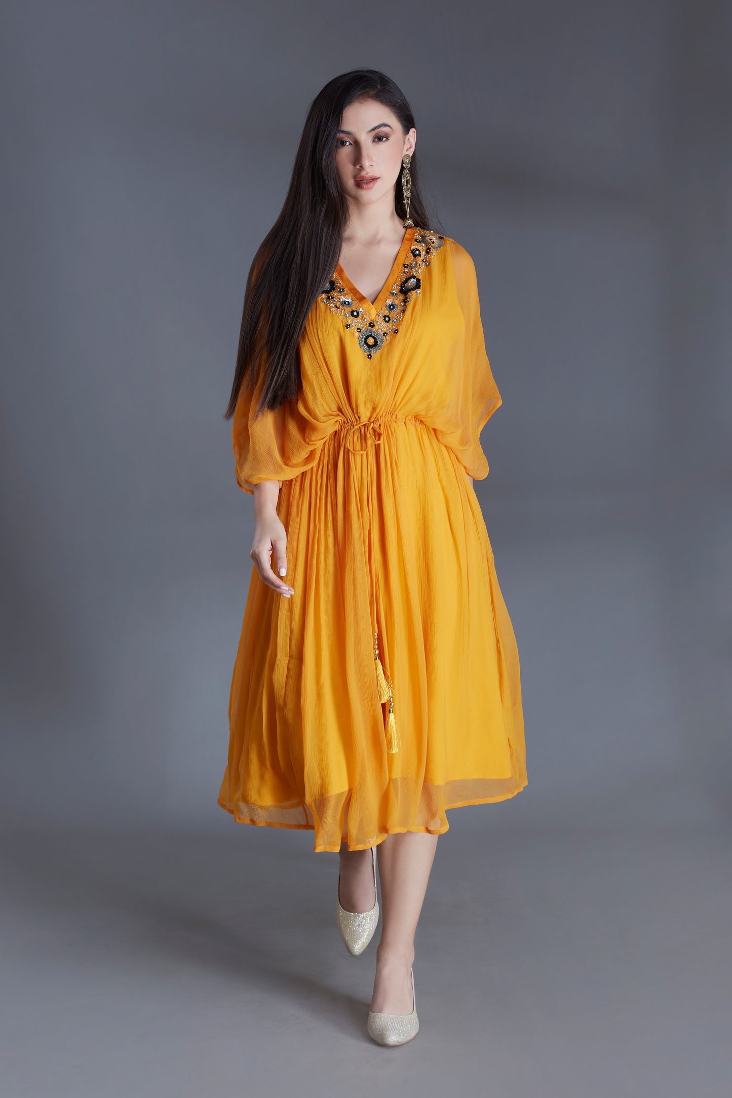 Yellow Chiffon Embroidered Kaftan Dress