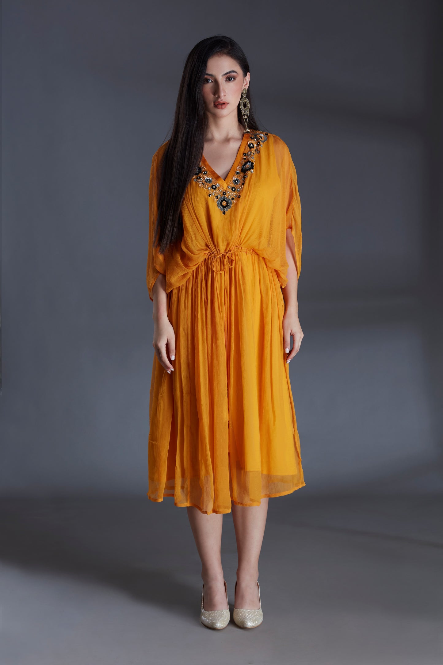 Yellow Chiffon Embroidered Kaftan Dress