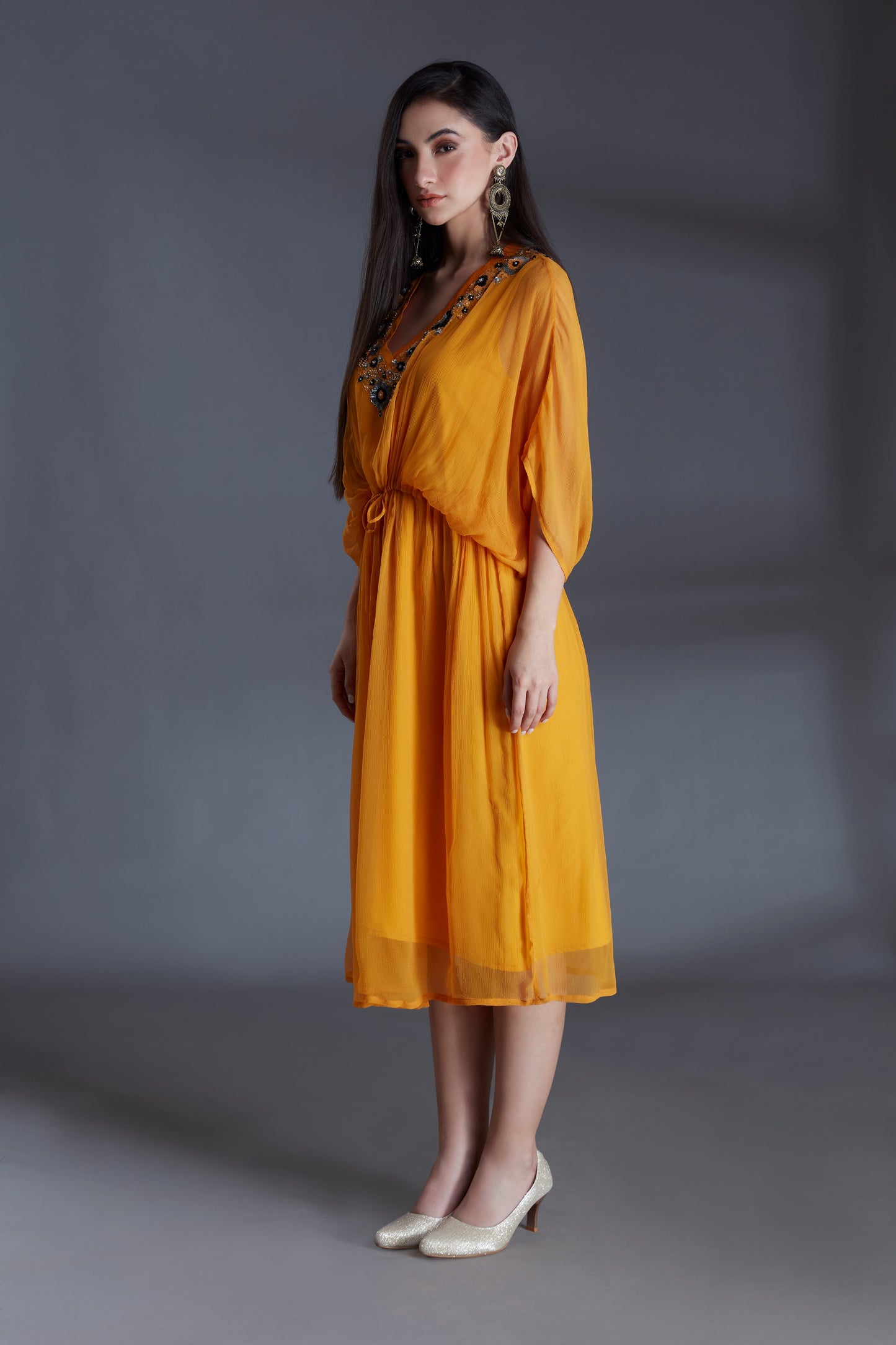 Yellow Chiffon Embroidered Kaftan Dress