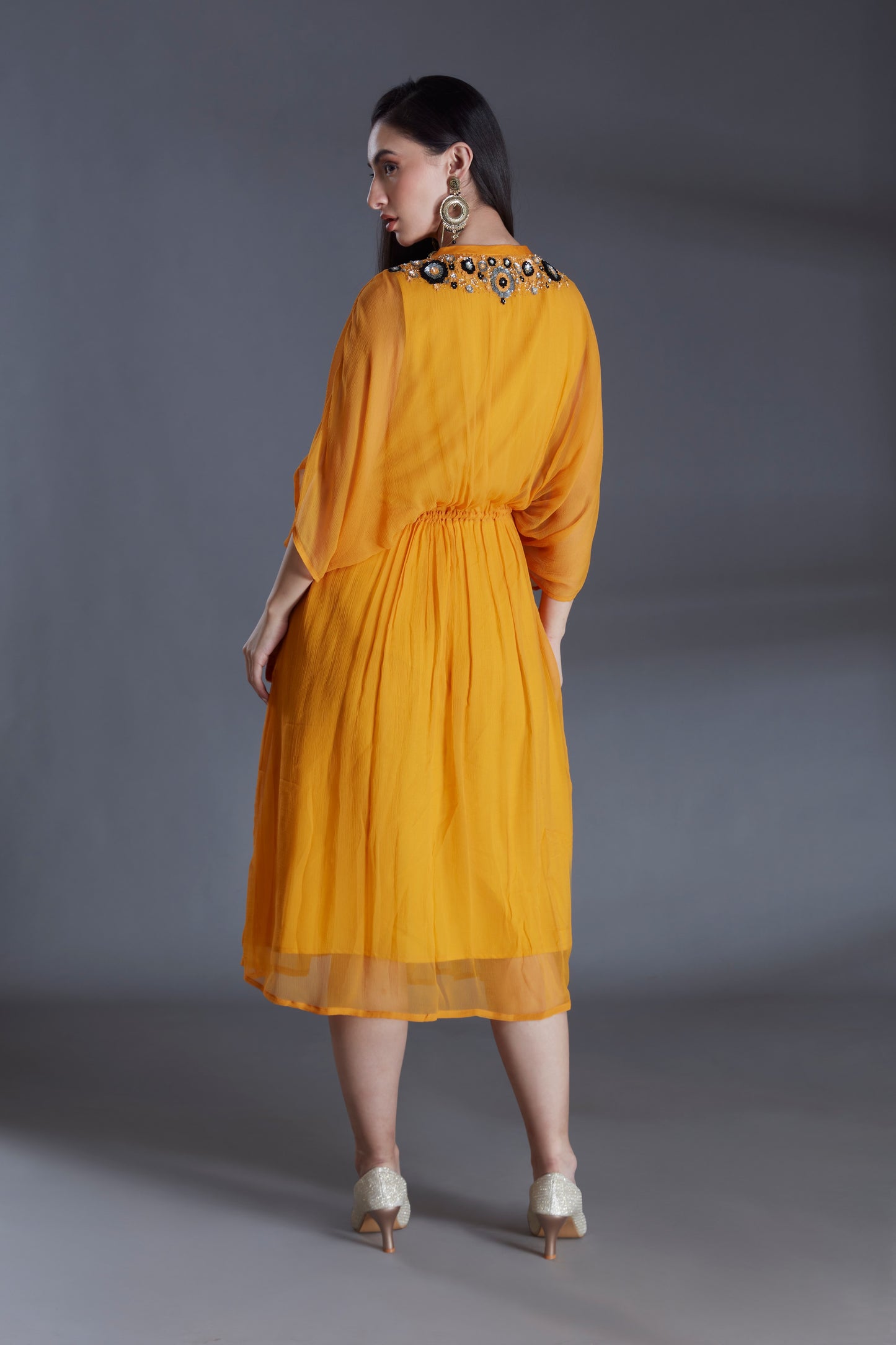 Yellow Chiffon Embroidered Kaftan Dress