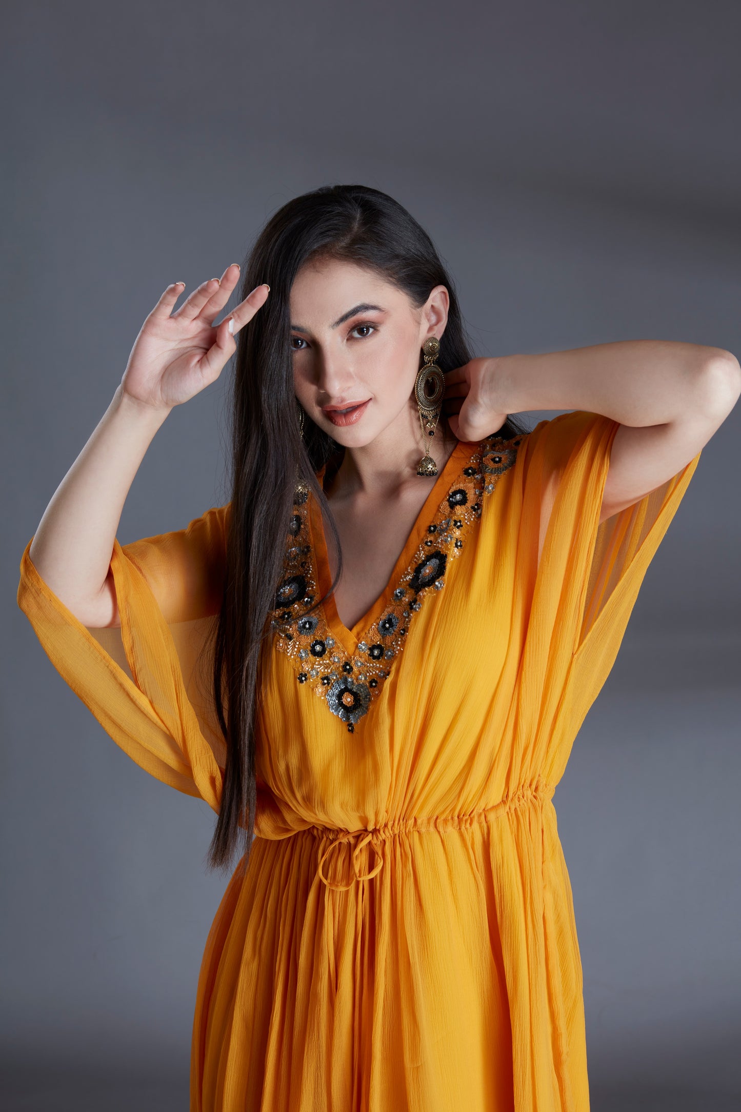 Yellow Chiffon Embroidered Kaftan Dress