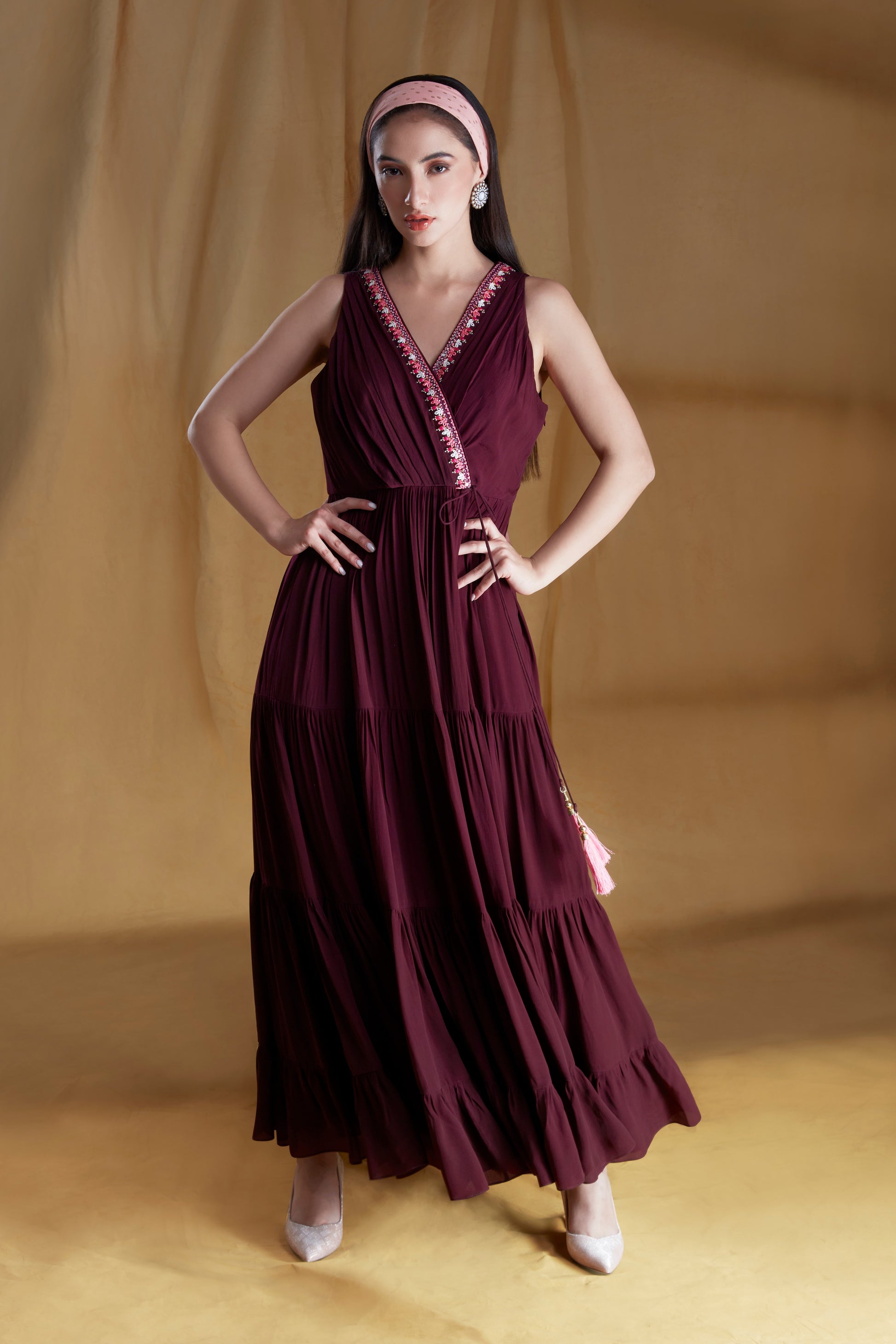 Wine and Hot Pink Wrap-front Tiered Maxi Dress Wine and Hot Pink Wrap-front Tiered Maxi Dress