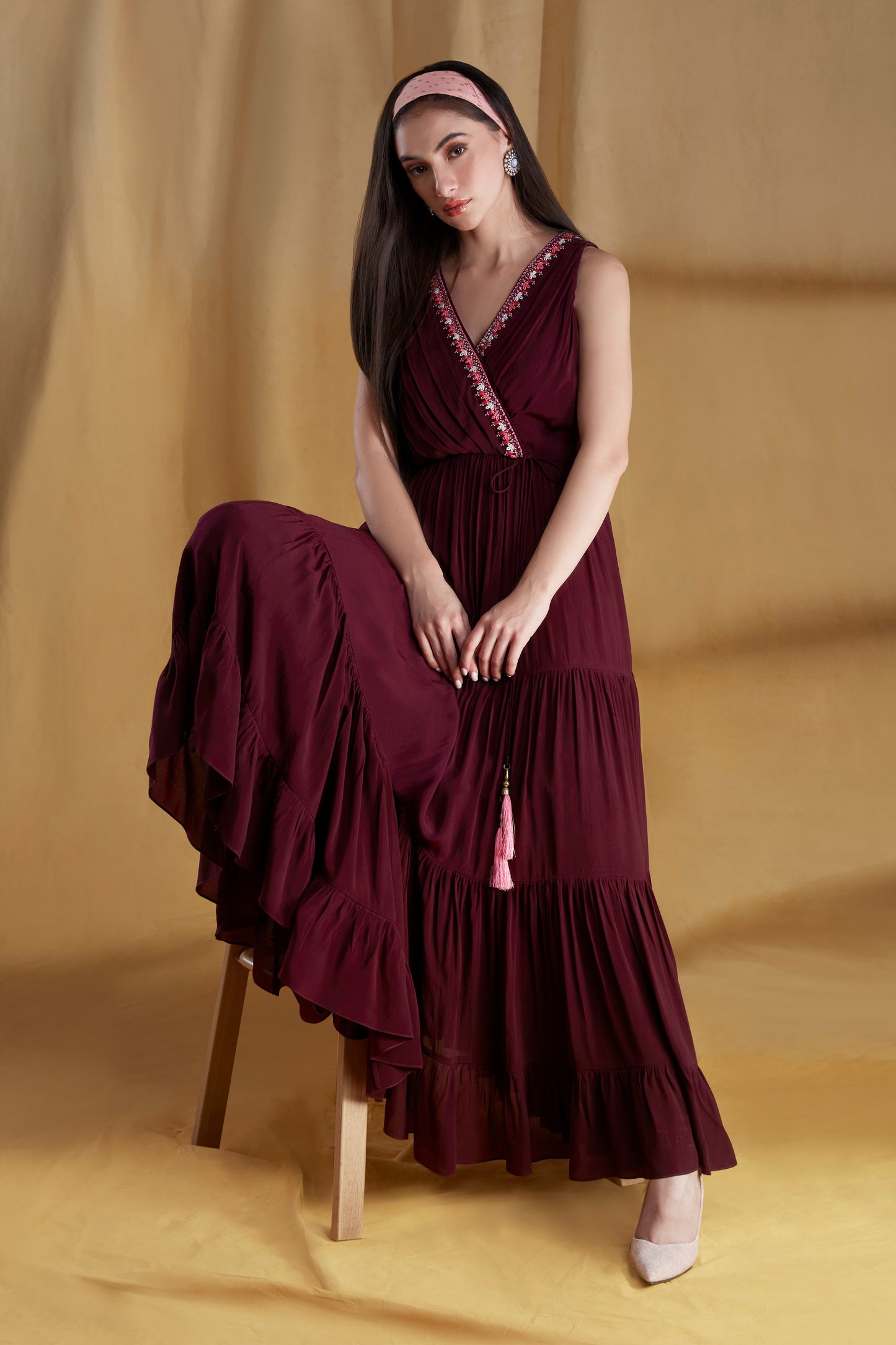 Wine and Hot Pink Wrap-front Tiered Maxi Dress