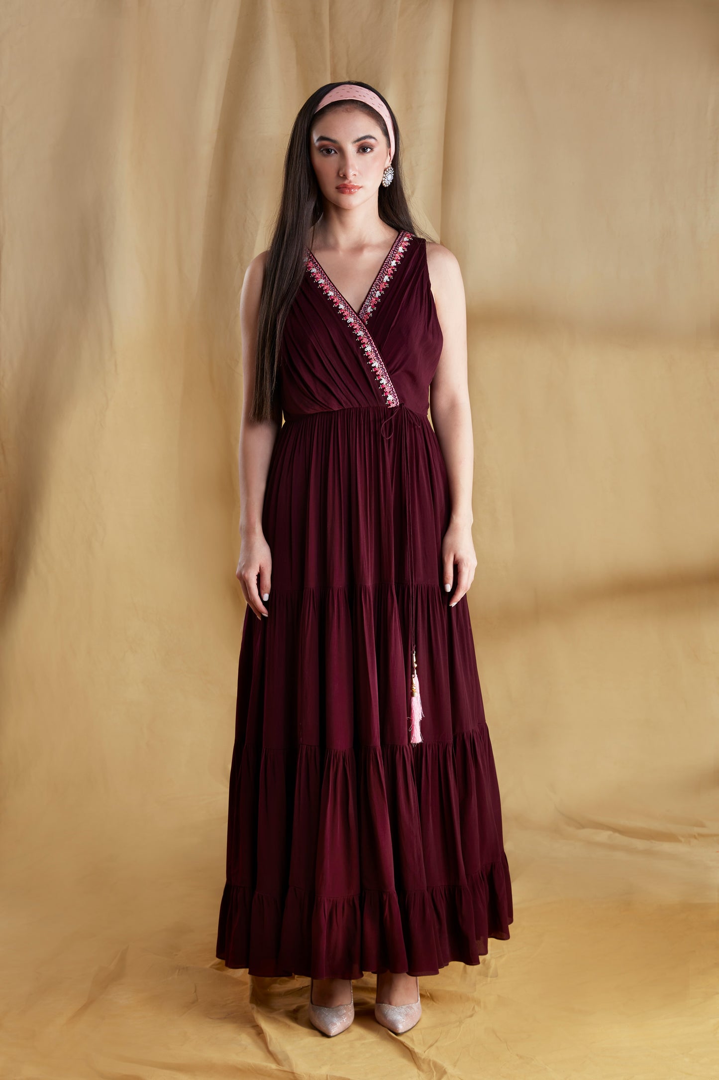 Wine and Hot Pink Wrap-front Tiered Maxi Dress