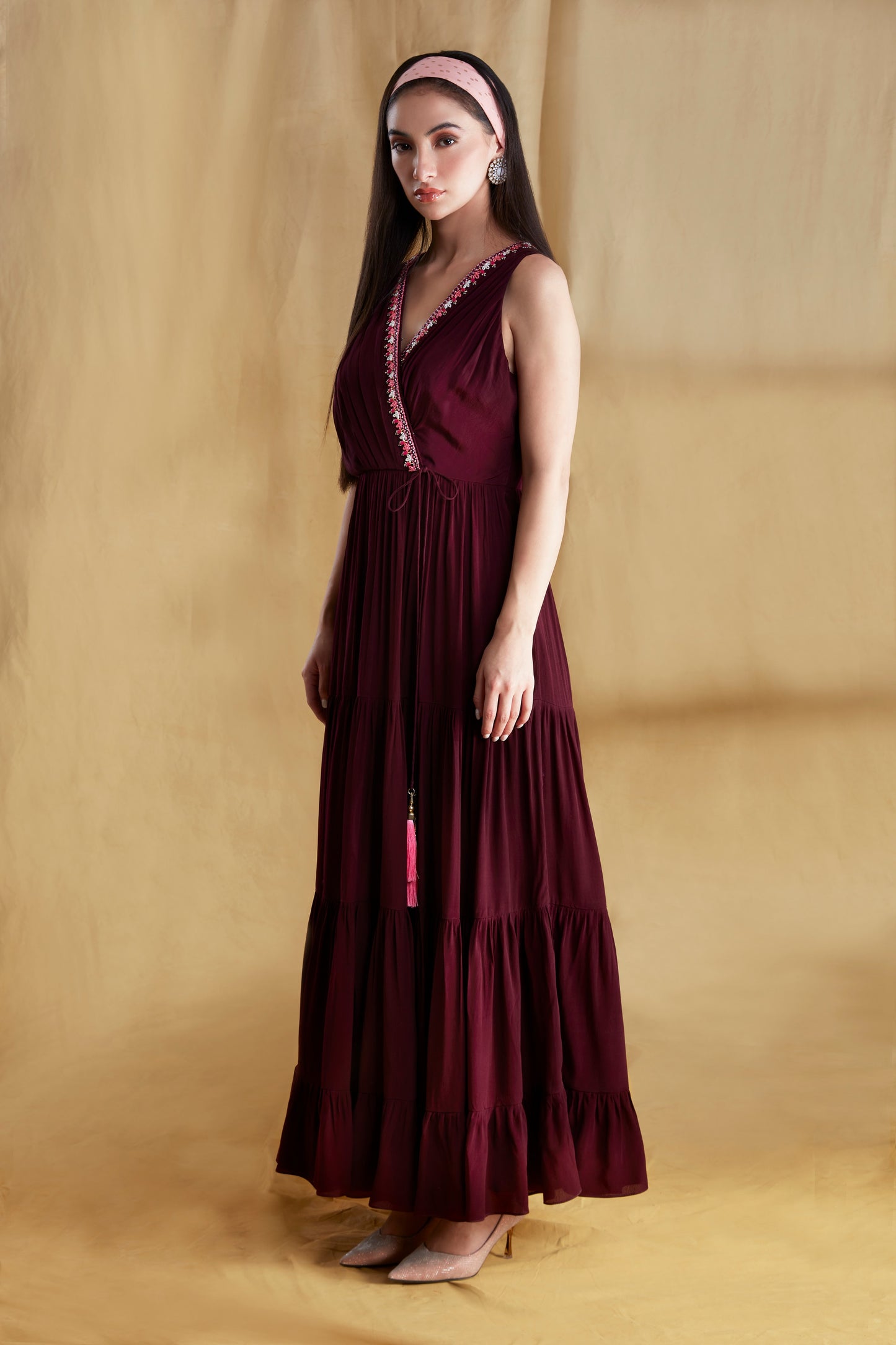 Wine and Hot Pink Wrap-front Tiered Maxi Dress