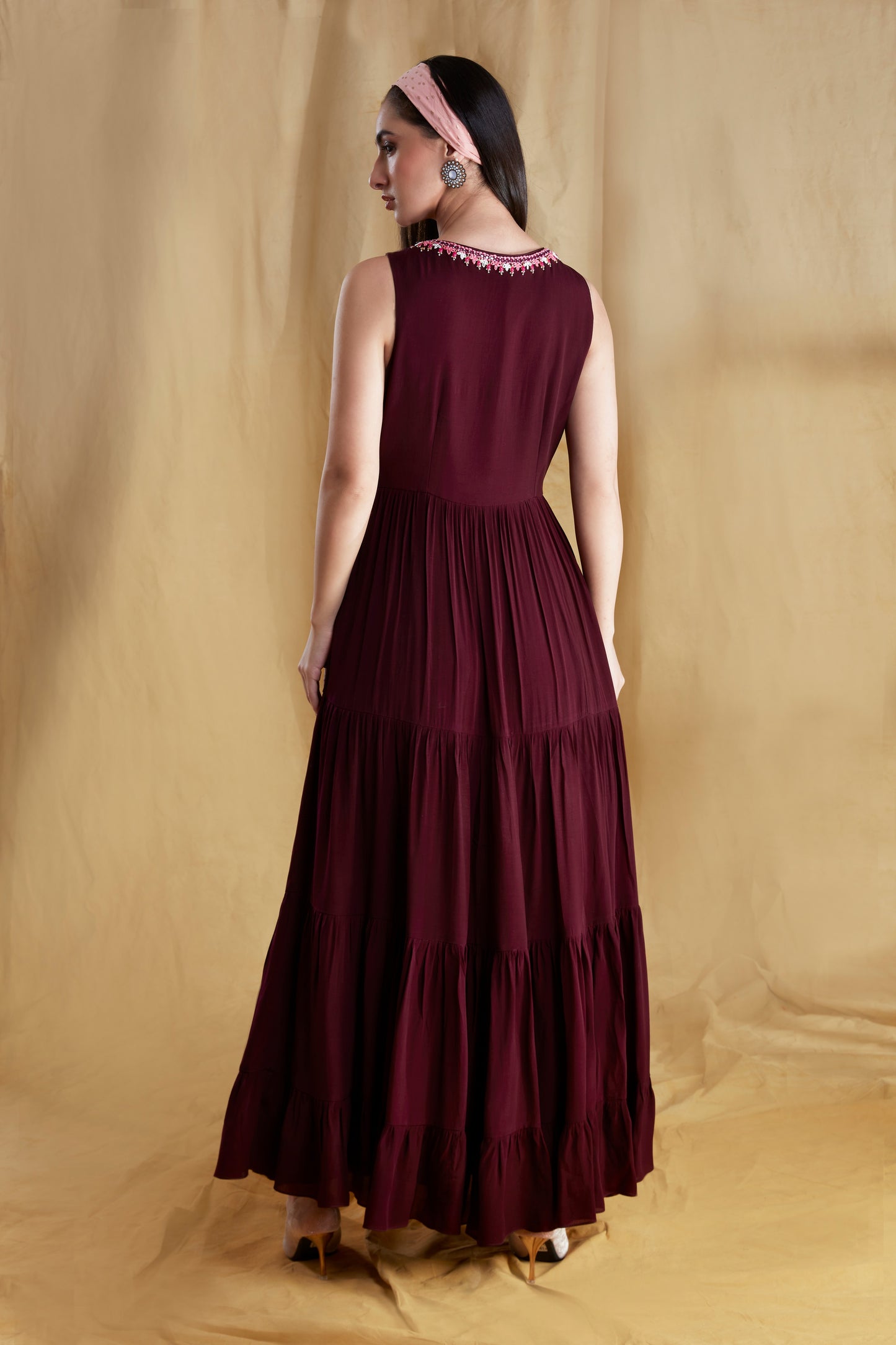 Wine and Hot Pink Wrap-front Tiered Maxi Dress