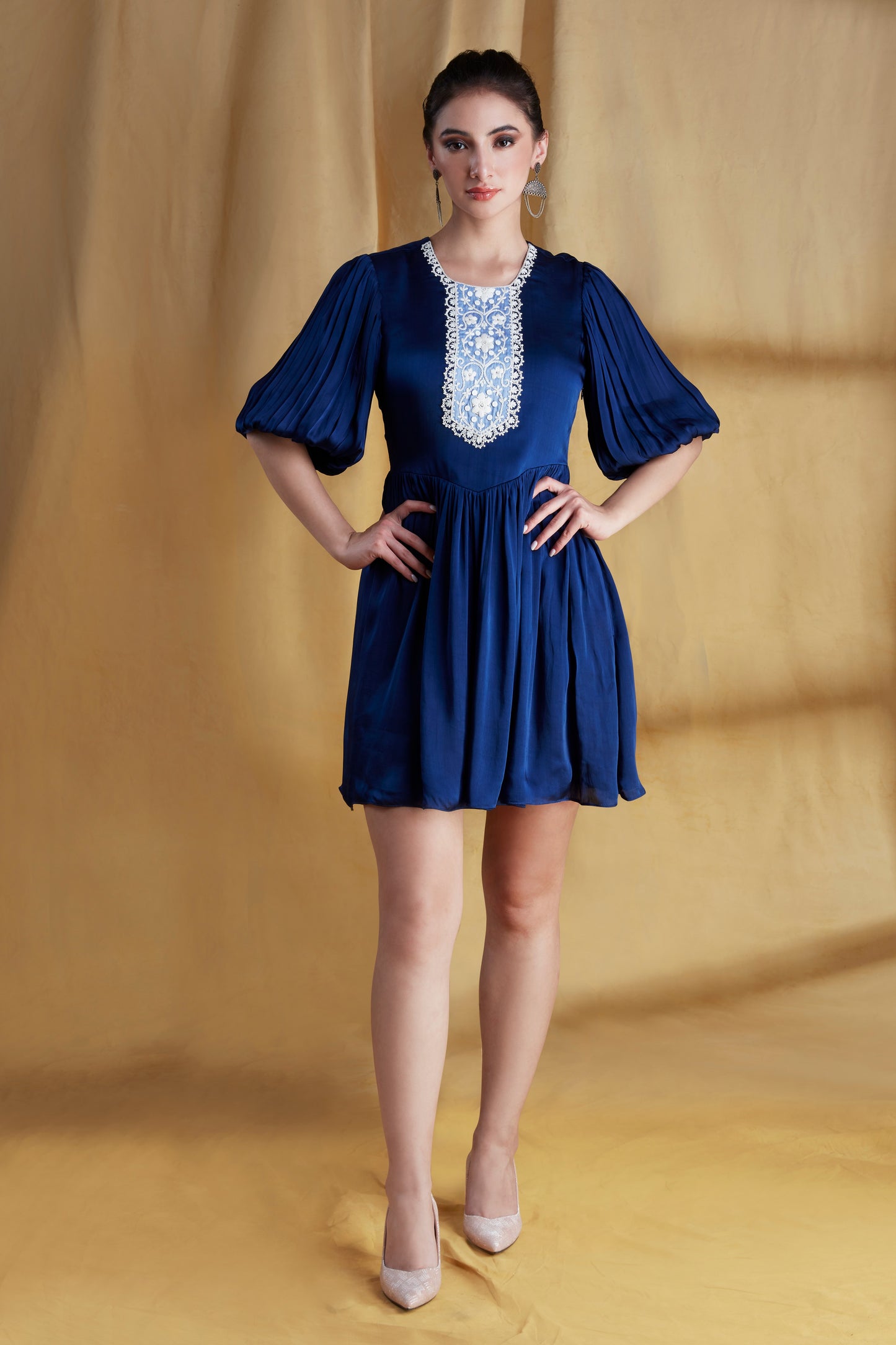 Navy and Pale Blue Short, Embroidered Dress