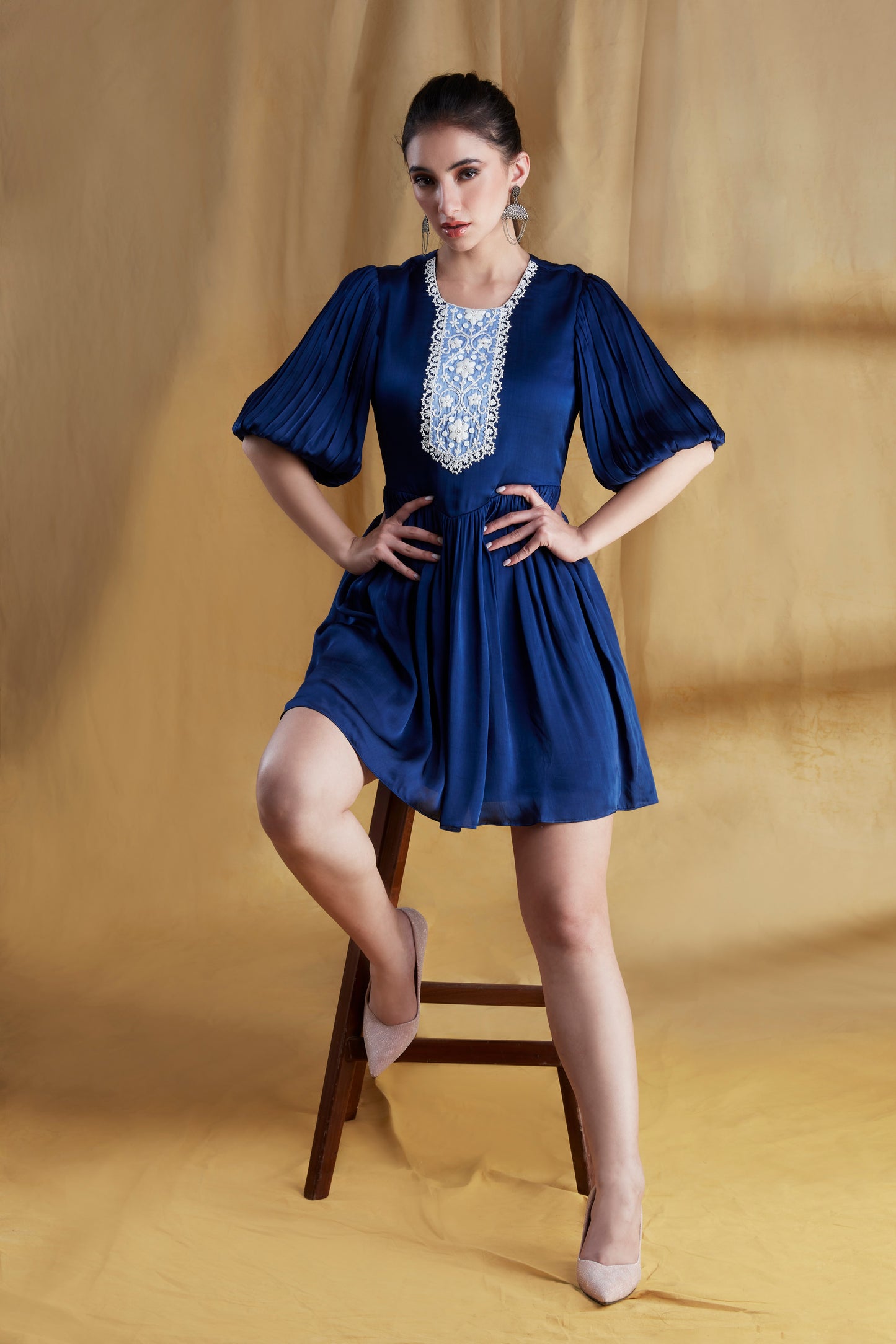 Navy and Pale Blue Short, Embroidered Dress