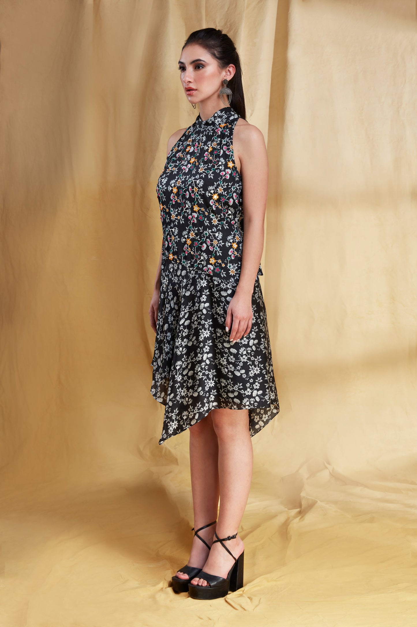 Ivory and Black Printed, Halter Dress