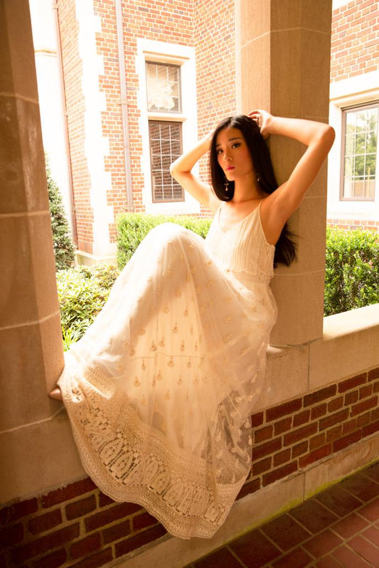 Ivory textured Maxi Dress with beaded bodice and lace accents