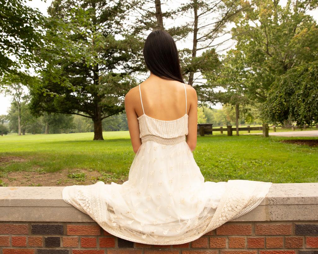 Ivory textured Maxi Dress with beaded bodice and lace accents