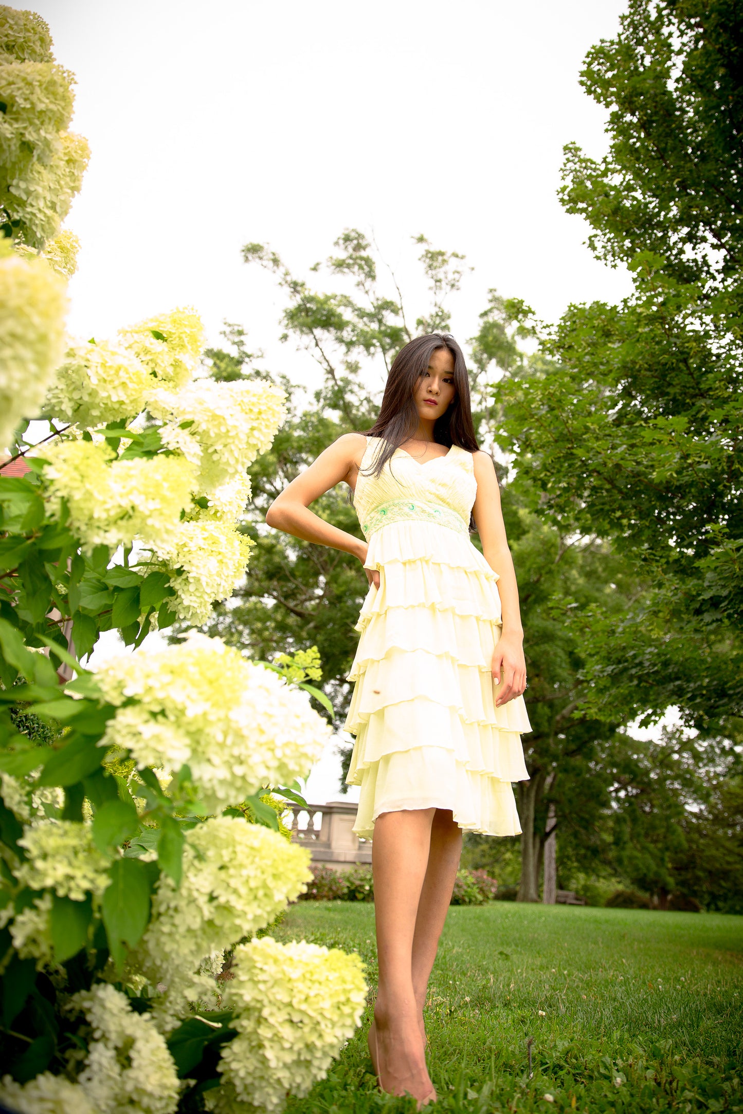 Tea Green Mid-length Tiered Dress with Ruched bodice and embroidered band