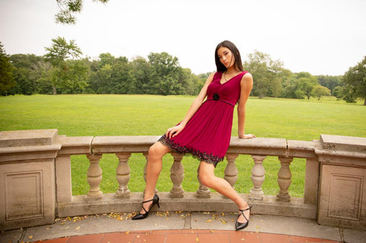 Deep Wine Chiffon above the knee dress with black accents and embellishments