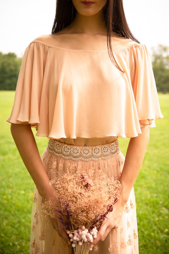 Old-Rose Mid-length textured shirt with embroidered band and off-shoulder Georgette Flounce top