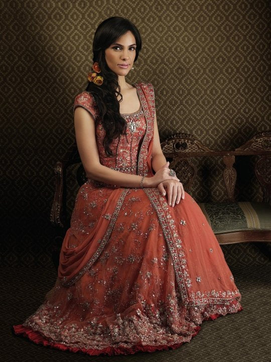 Coral Swarovski embroidered Lehenga and Corset with draped front