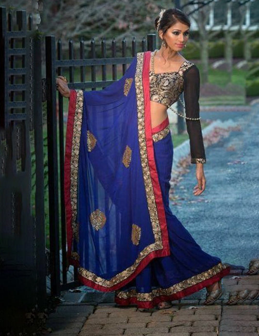 Royal blue, Black and Gold Saree with Maroon accents