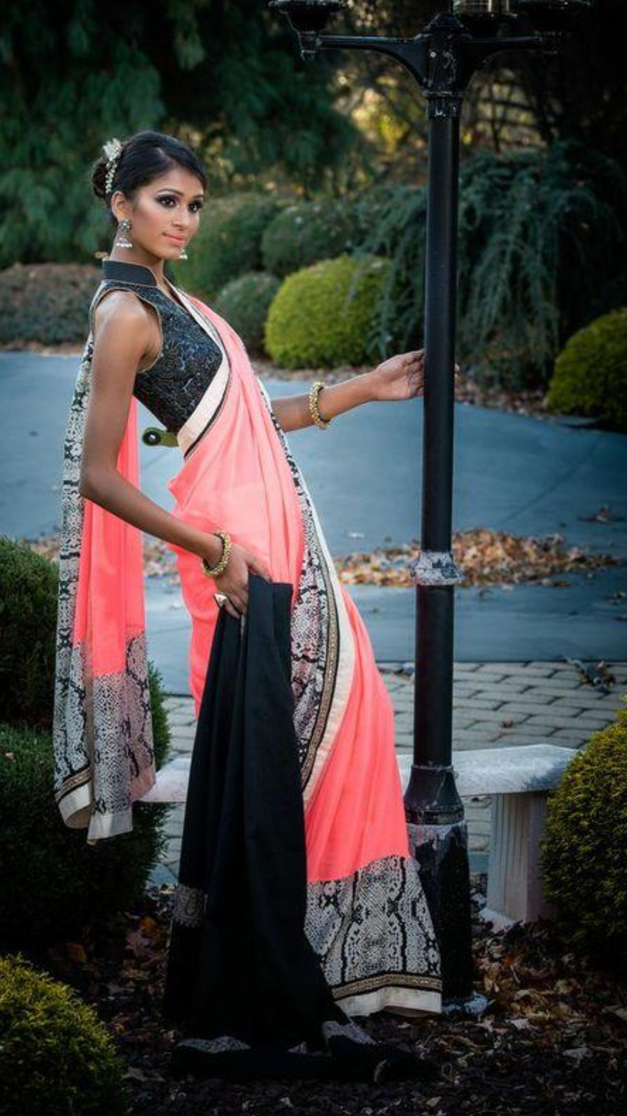 Coral, Ivory and Black Saree with printed accents