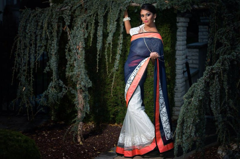 Ivory and Navy blue thread worked Saree with Coral accents