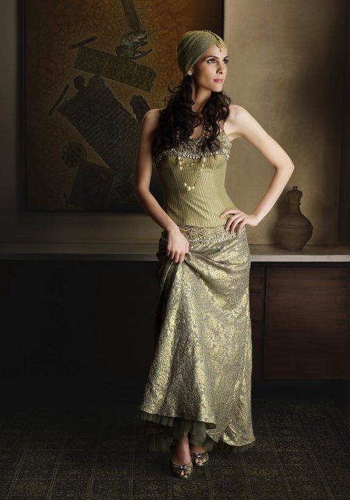 Olive and Gold Foil printed Lehenga and Corset set