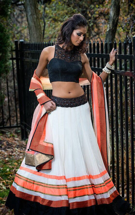 Ivory, Black and Coral Lehenga Set with Embroidered accents